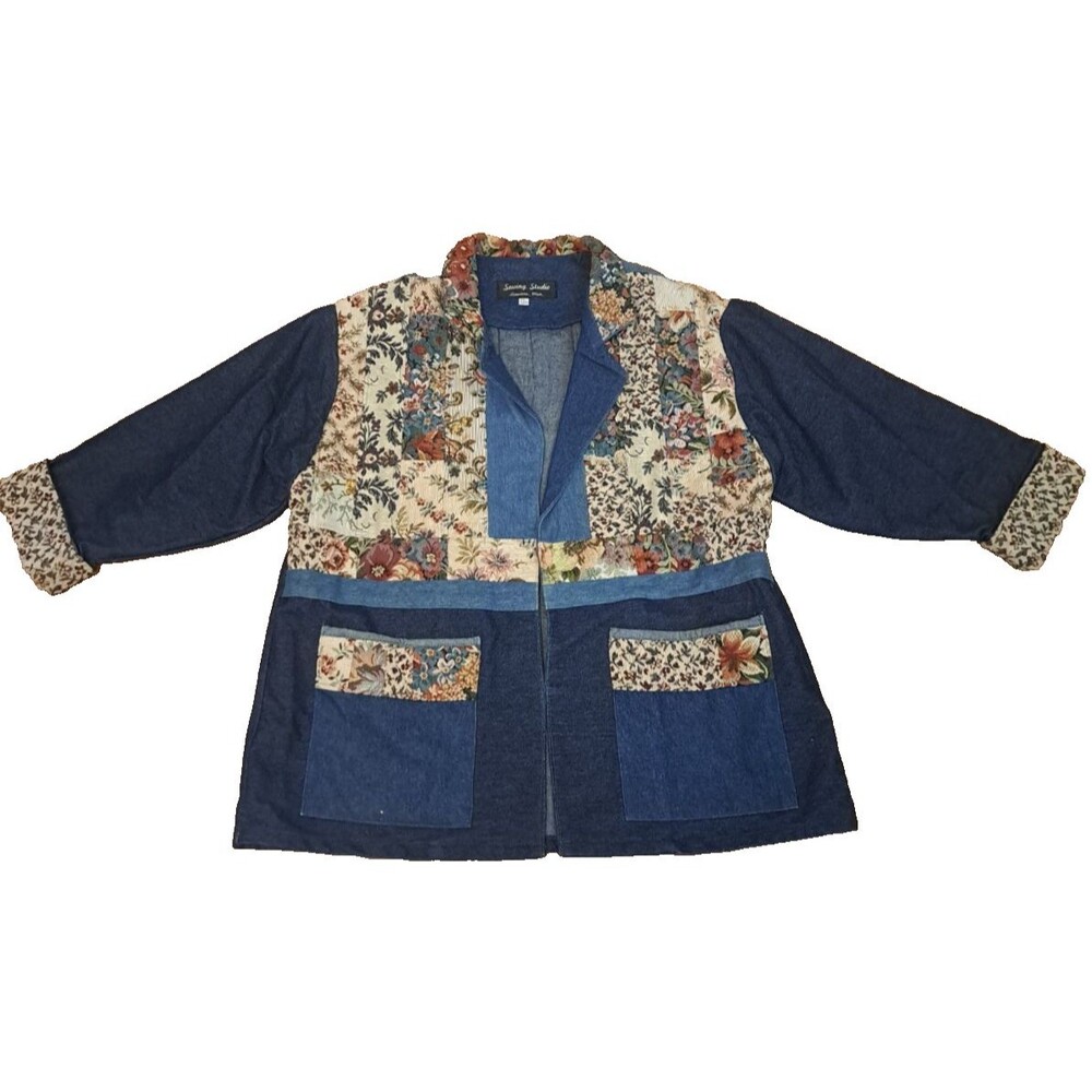 Womens Tapestry Denim Jacket Over Shirt Patchwork Floral Pockets Open Front 2X